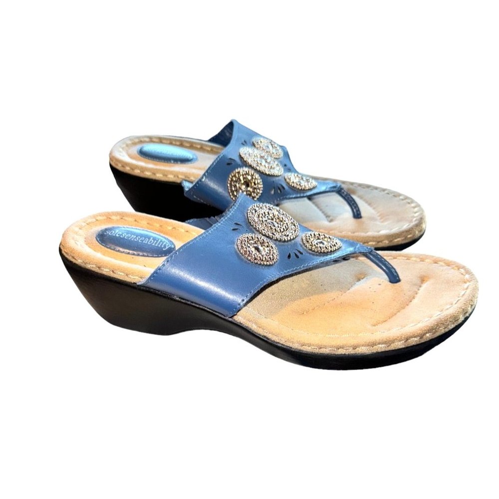 Sole Senseability Wedge Blue Embellished Sandals Women Size 9.5
